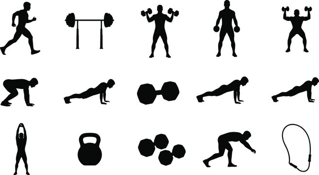 Fitness icons, workout silhouettes, gym exercise symbols, strength training, bodybuilding, cardio, dumbbells, kettlebell, pushups, plank, stretching, running, health, wellness, sports, athlete