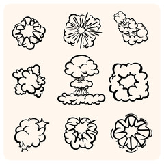 Set of Nine Hand-Drawn Comic Explosion and Smoke Doodles