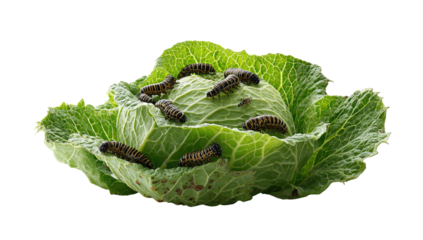A vibrant head of cabbage is infested with numerous striped caterpillars, set against black