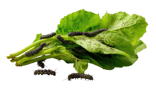Green leafy vegetables infested with multiple dark-colored larvae against a black background