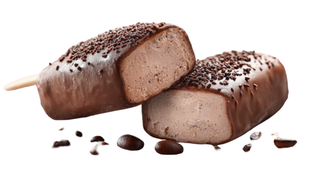 A cut-open ice cream bar on a stick, coated in chocolate, with chocolate shavings