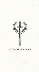 Ancient Roman Sword and Laurel Wreath with Latin Motto on White Background.