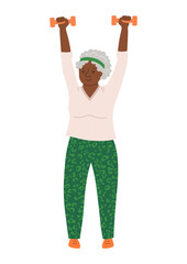 Elderly women doing sports, exercises with dumbbells. Health exercise adult senora on rehabilitation. Older people funny lady women play sports cartoon vector. Fitness training exercises gymnastics