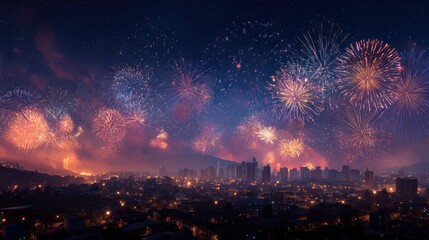 Fototapeta premium Expansive city celebration scene with sparkling fireworks illuminating the night sky above the urban landscape creating a vibrant spectacle