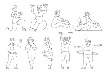 Older people women play sports doodle set. Elderly characters old senoras with hobbies. Adult seniors running, fitness exercises, gymnastics gym cardio, yoga class stretching jogging strength vector