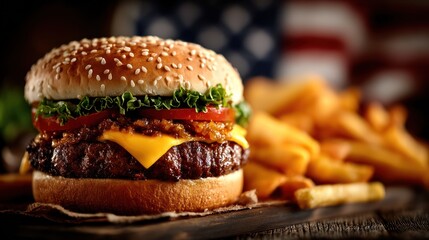 A mouthwatering close-up of a deluxe burger complemented by crispy golden fries embodying comfort food and casual dining experiences