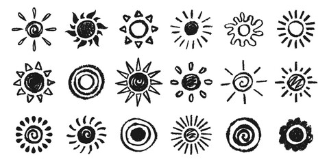 Sun icon grungy effect silhouette set. Different sun hand drawn sketch. Textured dirty vector design collection. Summertime figure sign natural drawing objects concept. Graffiti computer graphic