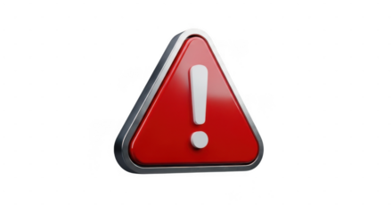 Red triangular warning sign with exclamation mark isolated on transparent background