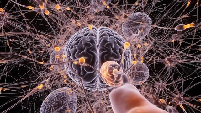 A network of neurons interlinked with brains and an axon is depicted