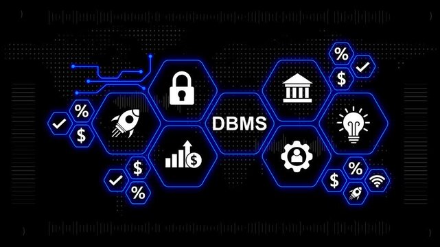 Database Management System DBMS Concept with Icons and Network Connections on Dark Background DBMS