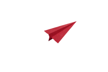 A single red paper airplane against a stark black background, depicting concepts of flight & travel