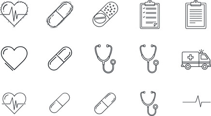 Medical icons set, healthcare symbols, hospital elements, stethoscope, heart, ambulance, medicine, pharmacy, doctor tools, emergency, clinic, wellness, treatment, health, cardiology, diagnostics