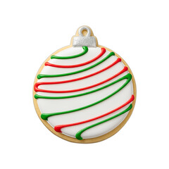Festive Christmas ornament cookie with vibrant red and green icing swirls, ideal for holiday baking promotions, seasonal greeting cards, winter party invitations, and festive food blogs,
