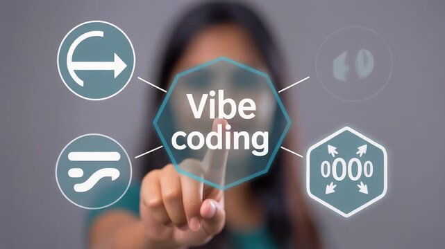 Developer using virtual touch screen presses inscription: VIBE CODING. Vibe coding artificial intelligence programming futuristic information technology concept 4k video