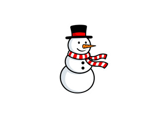 A cheerful snowman wearing a hat and scarf stands against a white background.