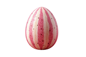 An isolated egg displays a striped pattern mimicking a watermelon with tiny black seed-like dots