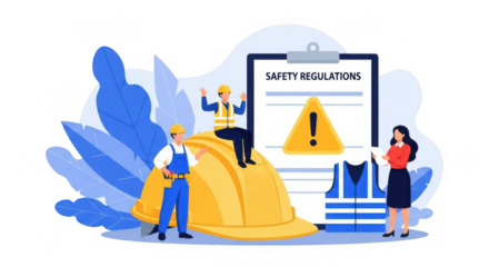 Illustration of workplace safety regulations with workers and protective gear in flat design isolated on transparent background