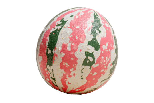 A close-up of a speckled, colorful egg with pink, green, and white patterns