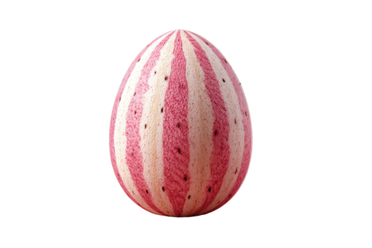 An isolated egg displays a striped pattern mimicking a watermelon with tiny black seed-like dots