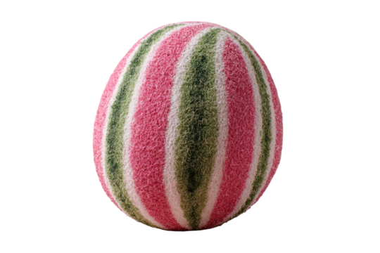 A round, decorated object featuring pink, green, and white vertical stripes against black