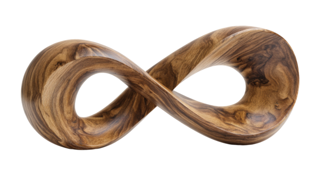 A meticulously crafted wooden sculpture, shaped like an elegant lemniscate symbol, over a black background