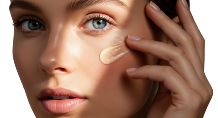 Woman applying concealer makeup on face with smooth skin and natural glow effect isolated on transparent background