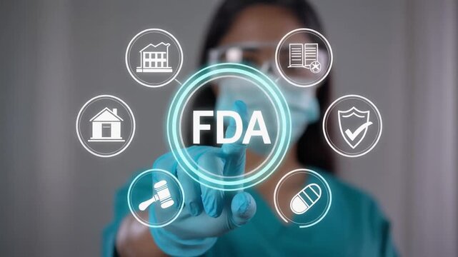 Doctor person using virtual touch screen push acronym: FDA. Food and Drug Administration (FDA) Department Service Medical Concept 4k video