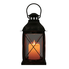 Rustic black metal lantern with a lit candle, perfect for creating cozy ambiance for holiday decor, wedding invitations, Halloween designs, or autumn event visuals,