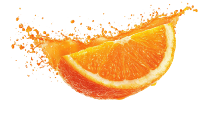 A juicy orange slice with bursting liquid splashes. Black background