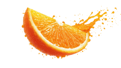 A vibrant orange slice, with juice splashing outward against a black background