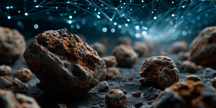 Exploring rare earth minerals sourcing in industry digital environment close-up view of rocks and particles
