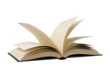 Open book turning blank pages on transparent background
