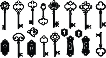 Collection of ornate vintage black skeleton keys and keyhole plates antique vector