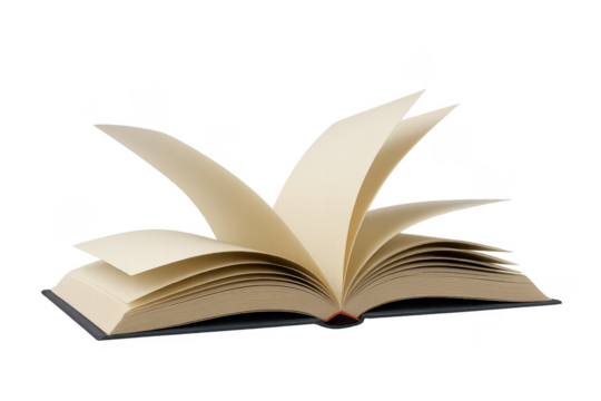 Open book turning blank pages on transparent background