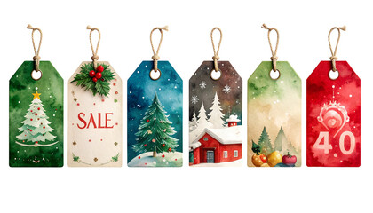Festive Christmas sale tags in various shapes and colours. Perfect for holiday promotions and marketin on white background