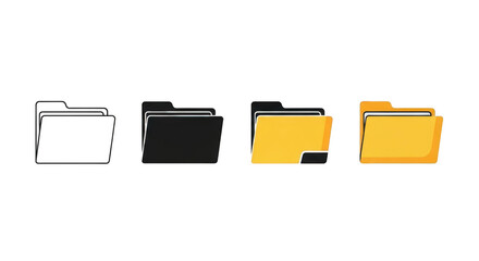 Four colorful folder icons in black, gray, yellow, and white isolated on transparent background