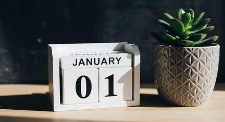 New year's day january 1st desk calendar and potted plant ready for a fresh start