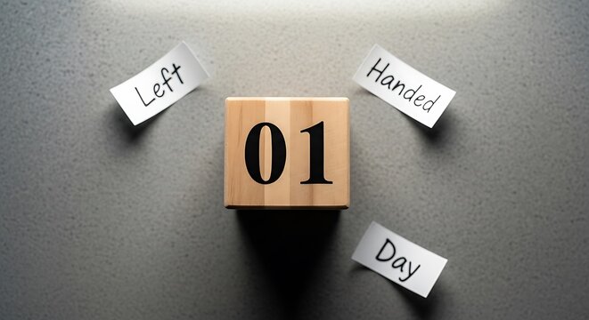 Wooden cube with number 01 surrounded by text pieces for counting or sequential concepts