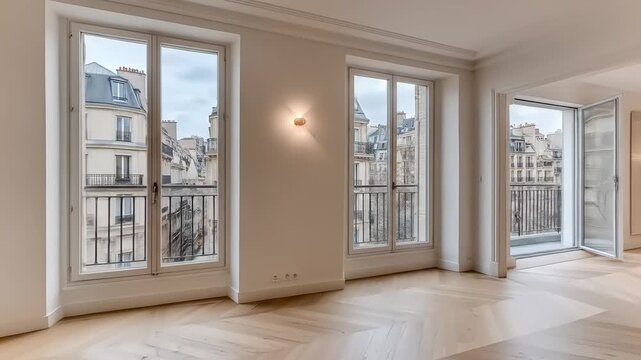 Spacious Parisian apartment with large windows showcasing city views and herringbone parquet floors.