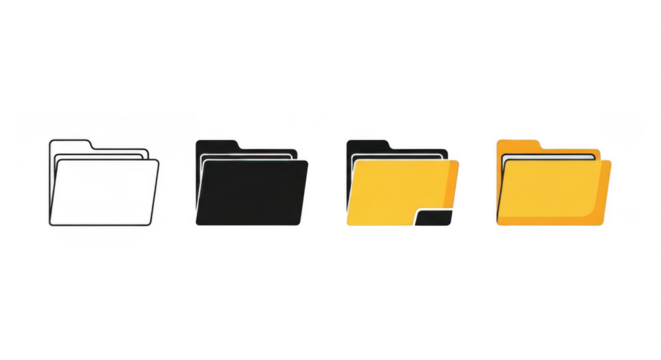 Four colorful folder icons in black, gray, yellow, and white isolated on transparent background