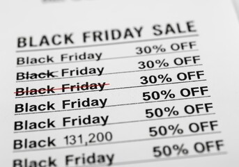 Black Friday Sale Shopping List with 30 and 50 Percent Off Discounts.