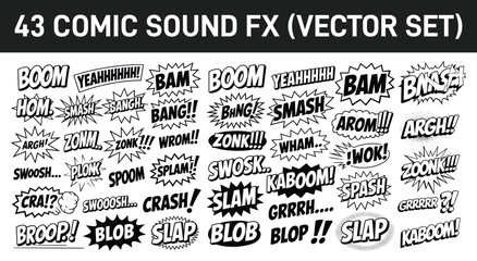 Collection of 43 comic book sound effects vector set, Black and white dynamic comic book sound effects illustration © magic390