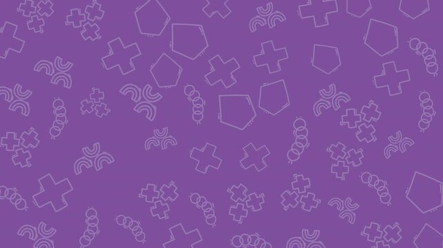 Geometric school background with gray plus signs, pentagons, rings, and arcs on purple. Suitable for educational presentations, math textbooks, or school related designs