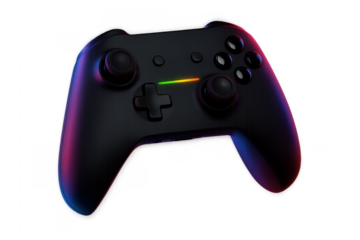 Black game controller glowing with RGB light