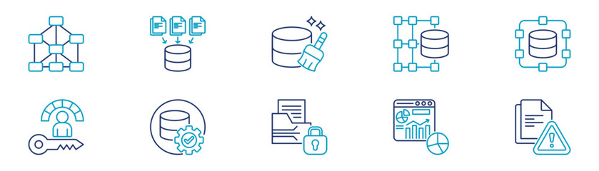 Fototapeta premium Icons Of Neural Network, Data Collection, Data Cleaning, Structured, Unstructured Data, Data Quality, Security, Kpi, Dashboard, Report. Vector Illustration.