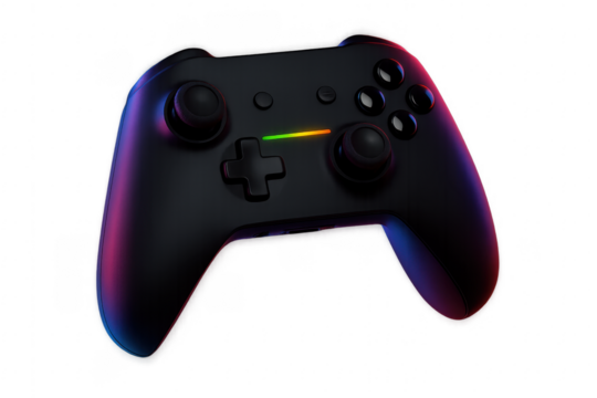 Black game controller glowing with RGB light