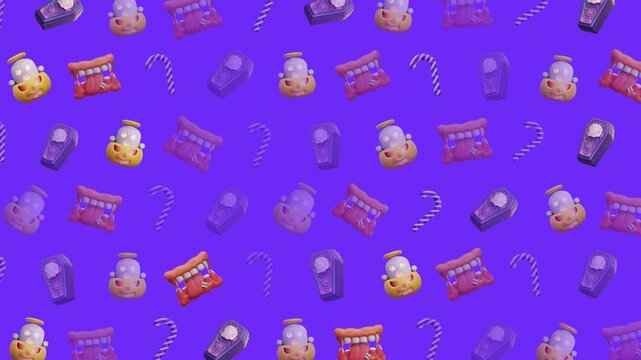 Halloween seamless pattern spooky candy vampire teeth coffin suitable for spooky seasonal designs, party invitations, backgrounds, and textile prints
