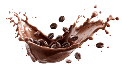 Coffee beans submerged in a splash of rich, brown liquid against a black background