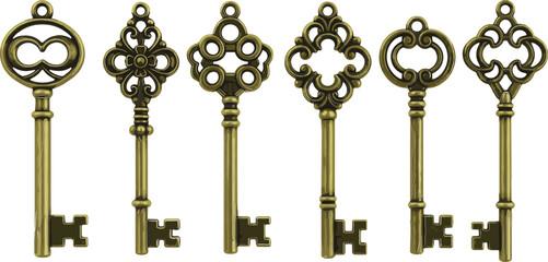 Six antique ornate brass keys with intricate designs on white background antique key ornate key