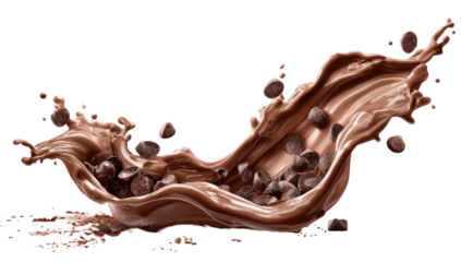 Dynamic studio shot of thick, chocolate-colored liquid erupting with suspended chocolate chips